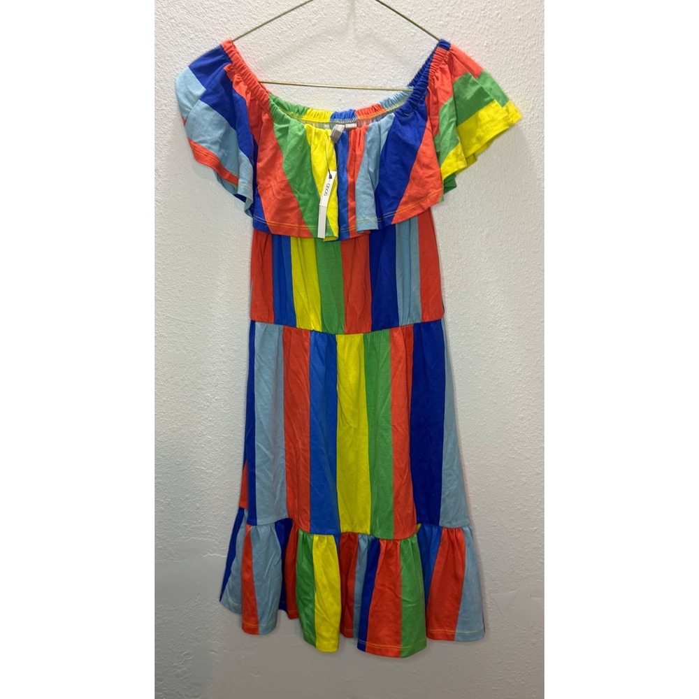 ASOS Rainbow Stripe Off Shoulder Ruffle Tiered Mini Dress Cotton‎ Sz 4 Beach